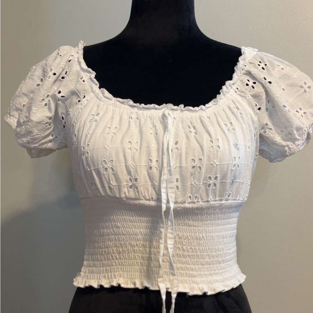 White Eyelet Smocked Women's Top
